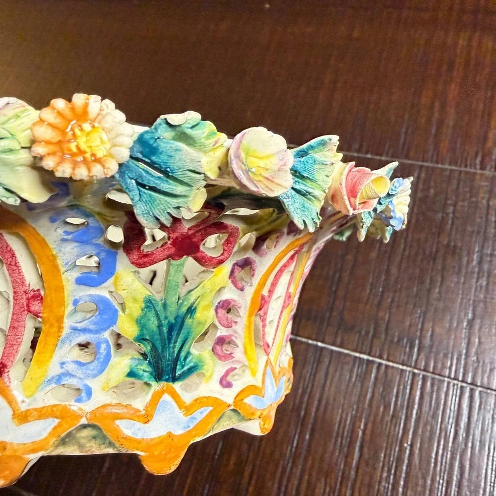 Italian Lattice Ceramic Bowl Majolica Flowers  8